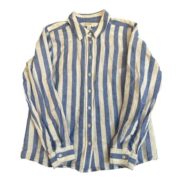 J Crew Linen Shirt M Blue White Stripe Long Sleeve Oxford Collar Preppy Beach - Picture 3 of 8